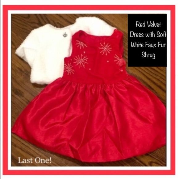 Red Velvet Party Dress White Faux Fur Shrug & Bow - Picture 9 of 9